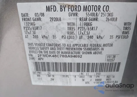 2008 Ford Edge Sel из США, поврежденный, VIN 2FMDK48C78BA94692